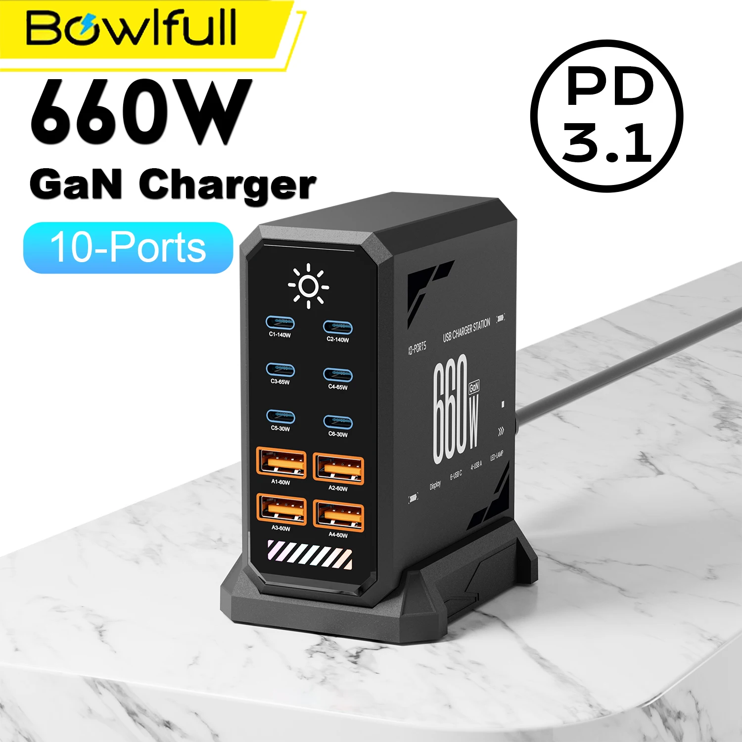 660w gan usb c estação de carregamento 10 portas carregador rápido tipo c pd3.1 pd3.0 pps carregador rápido para macbook pro ipad iphone 16 samsung (Cópia)
